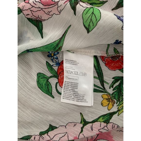 H&M Women Blouse Sz 8 Beige Floral Botanical Plumeti Chiffon Stand Up Collar - Picture 5 of 9